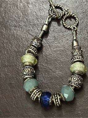 Vintage Silver-Tone Beaded Bracelet with Blue and Pale Green Glass Beads